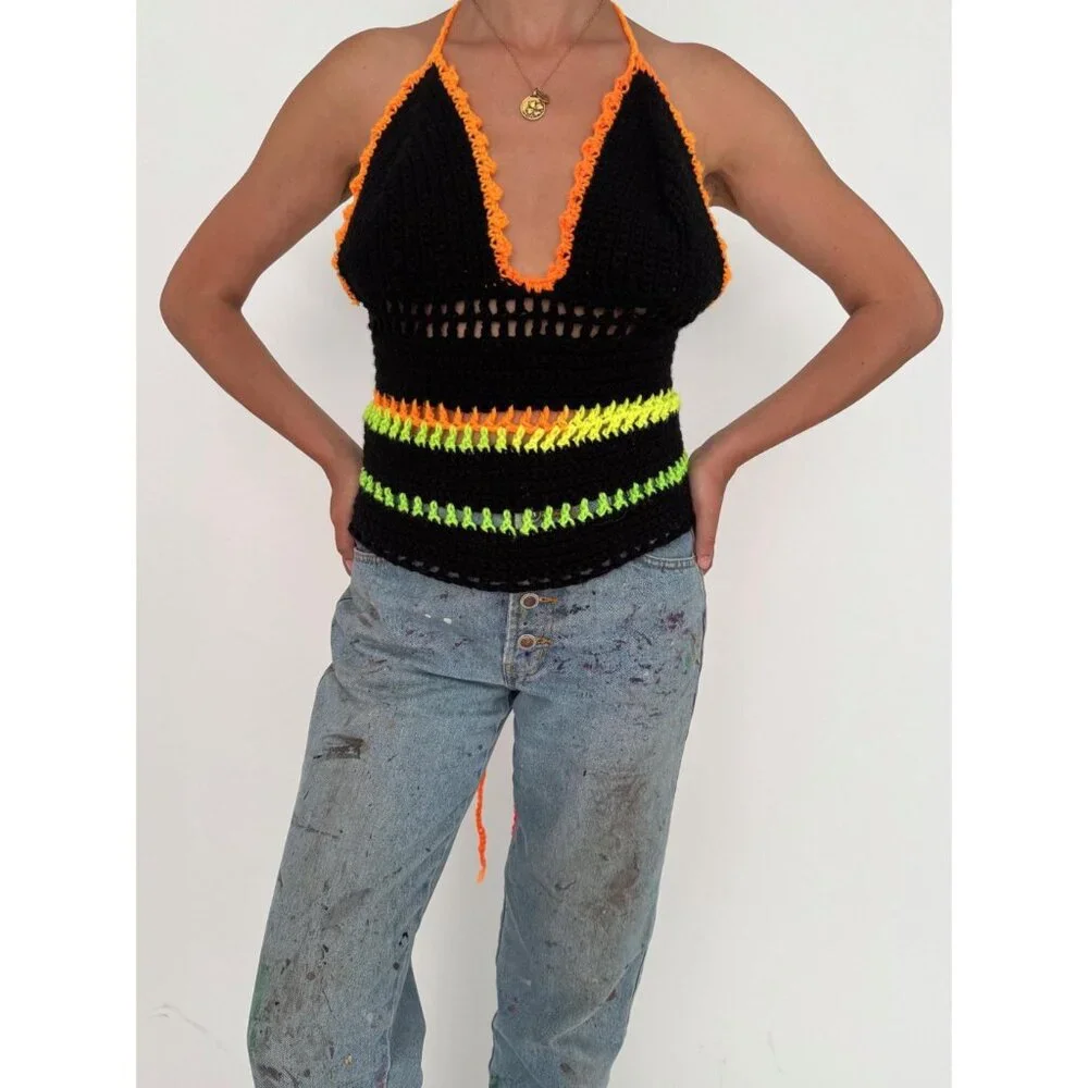 Vintage black colorful hand knit crochet festival backless halter tank crop top - Picture 2 of 10